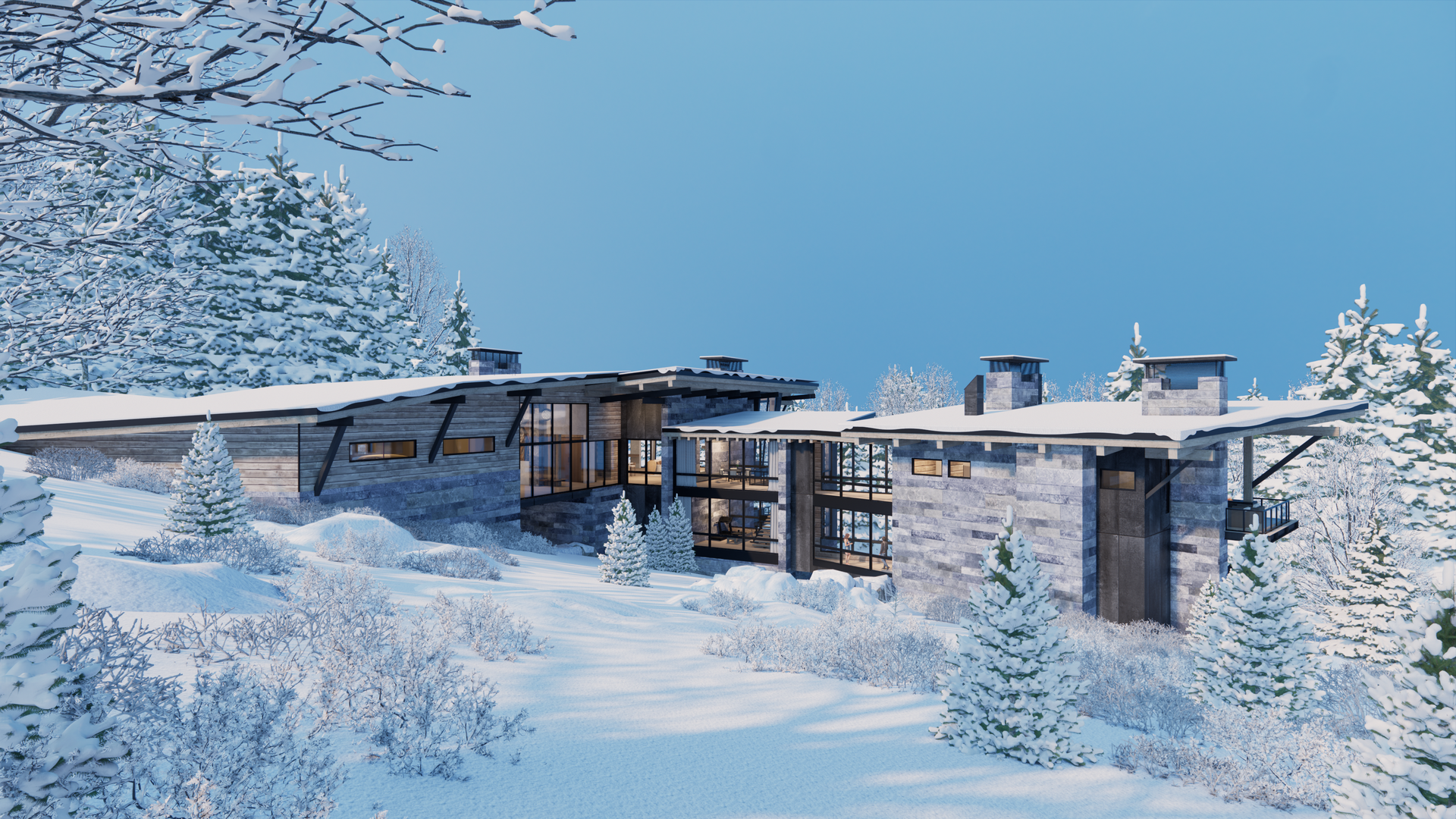 A large house is surrounded by snow covered trees in the middle of a snowy forest.