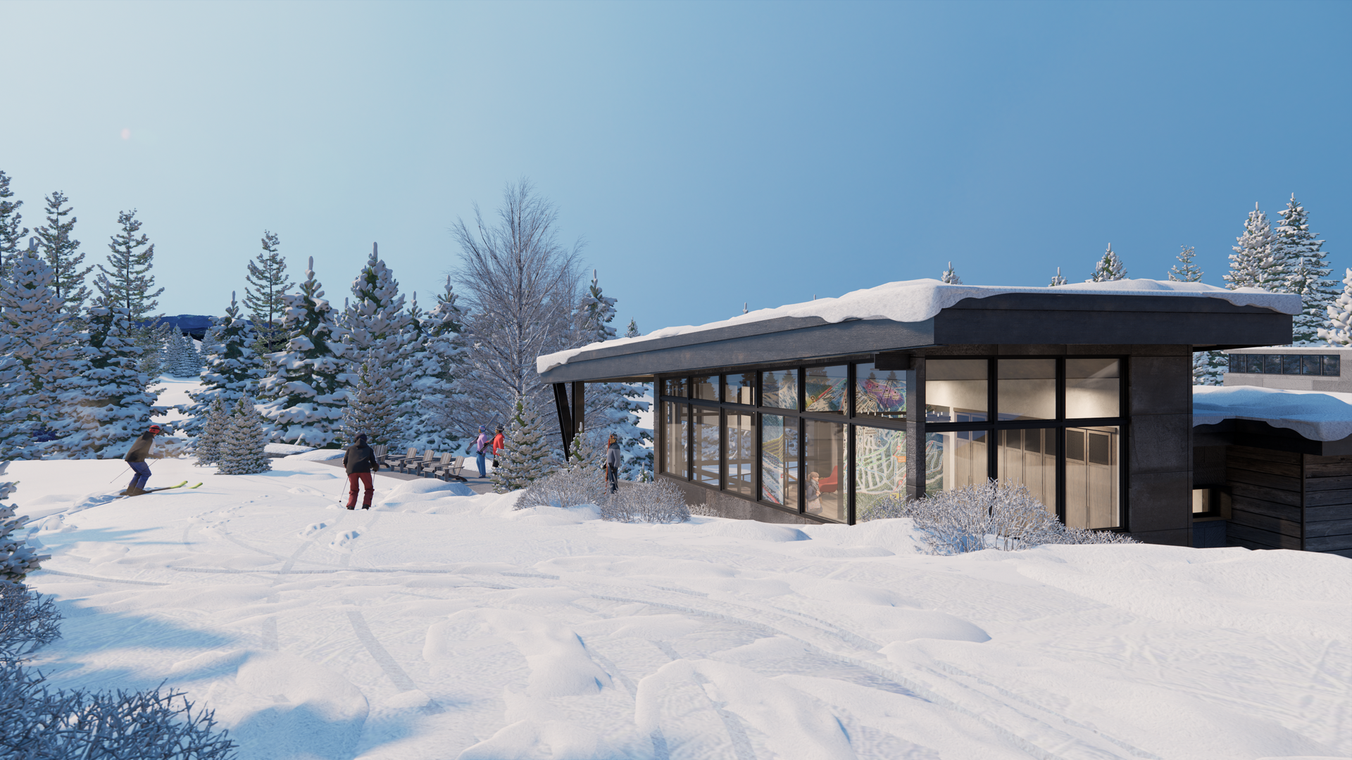An artist 's impression of a house in the snow surrounded by snow covered trees.