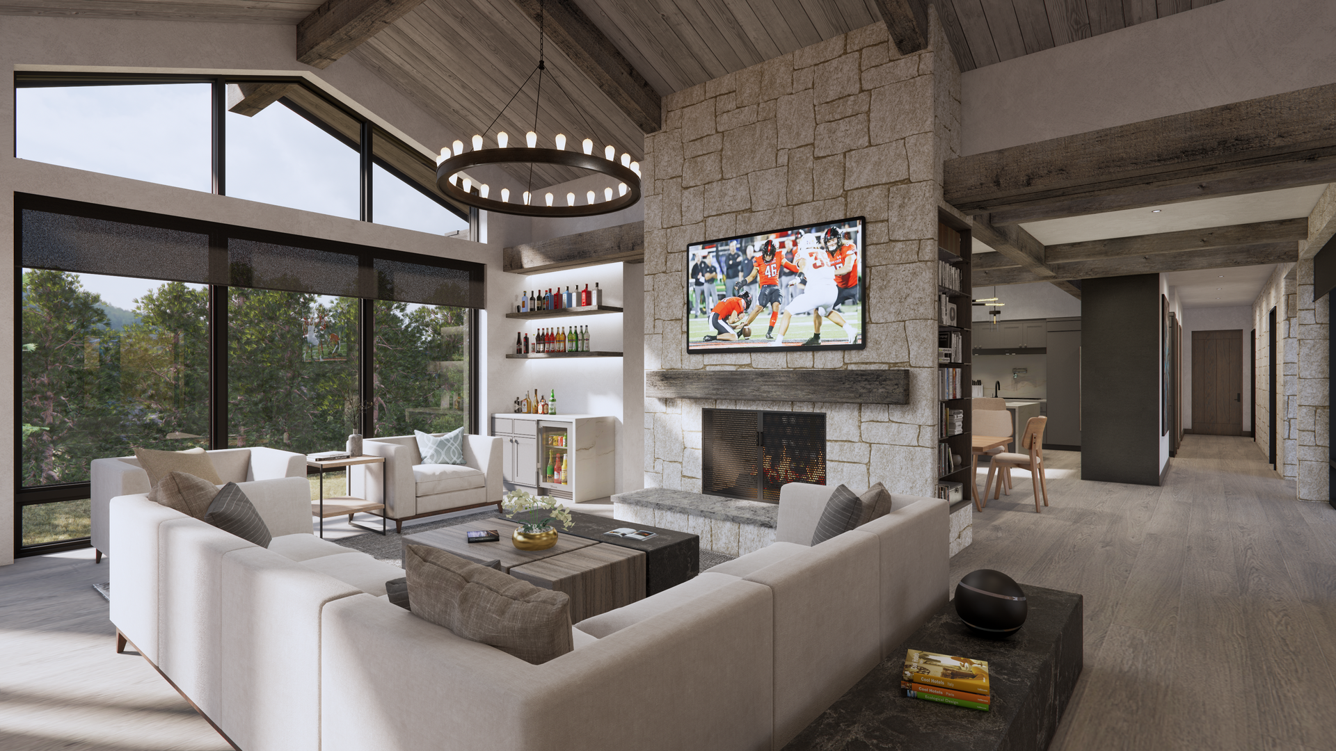 An artist 's impression of a living room with a couch , fireplace and television.