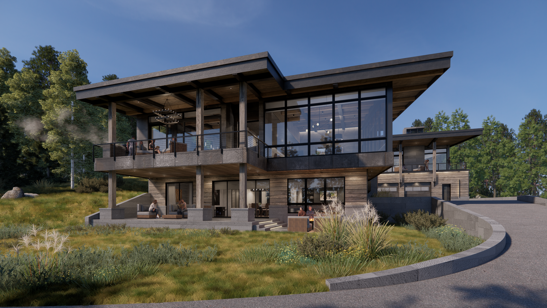 A large house with a lot of windows is sitting on top of a hill.