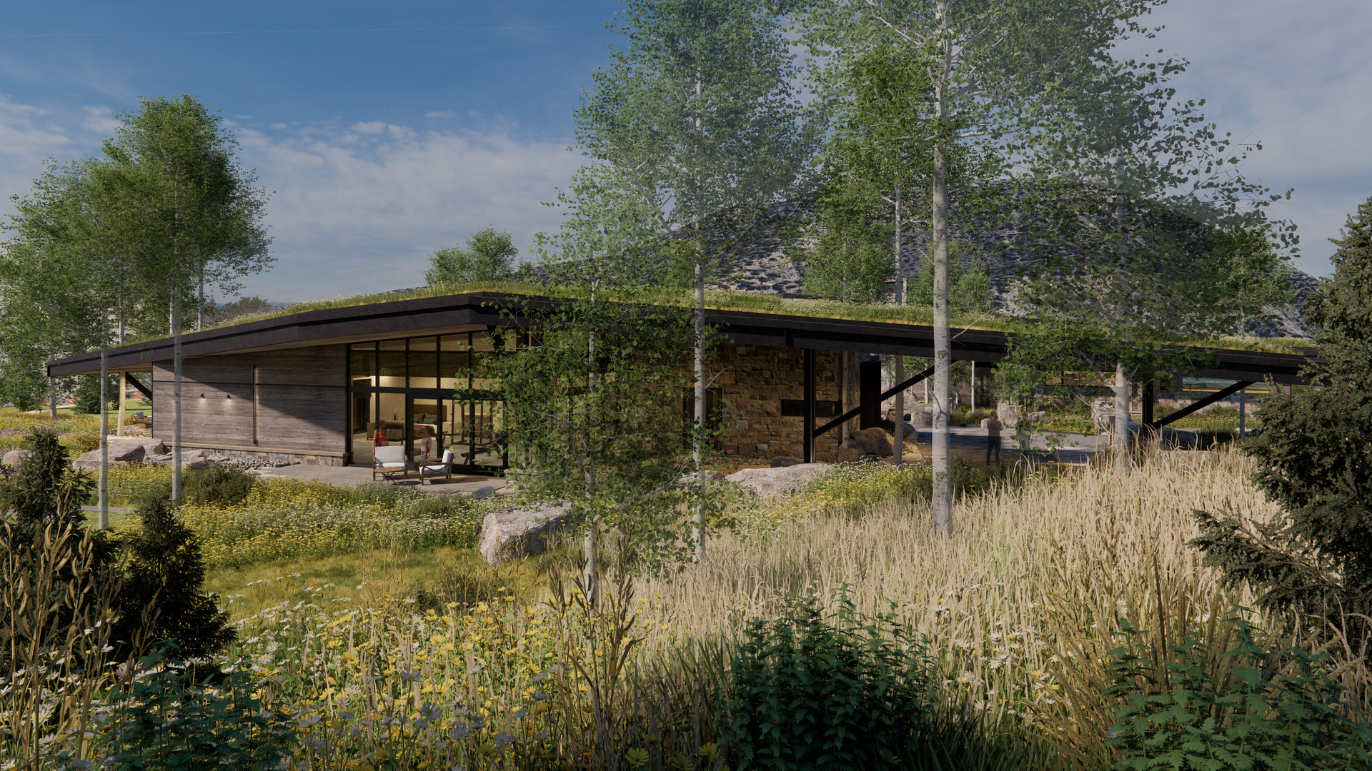 A house with a green roof is surrounded by tall grass and trees.