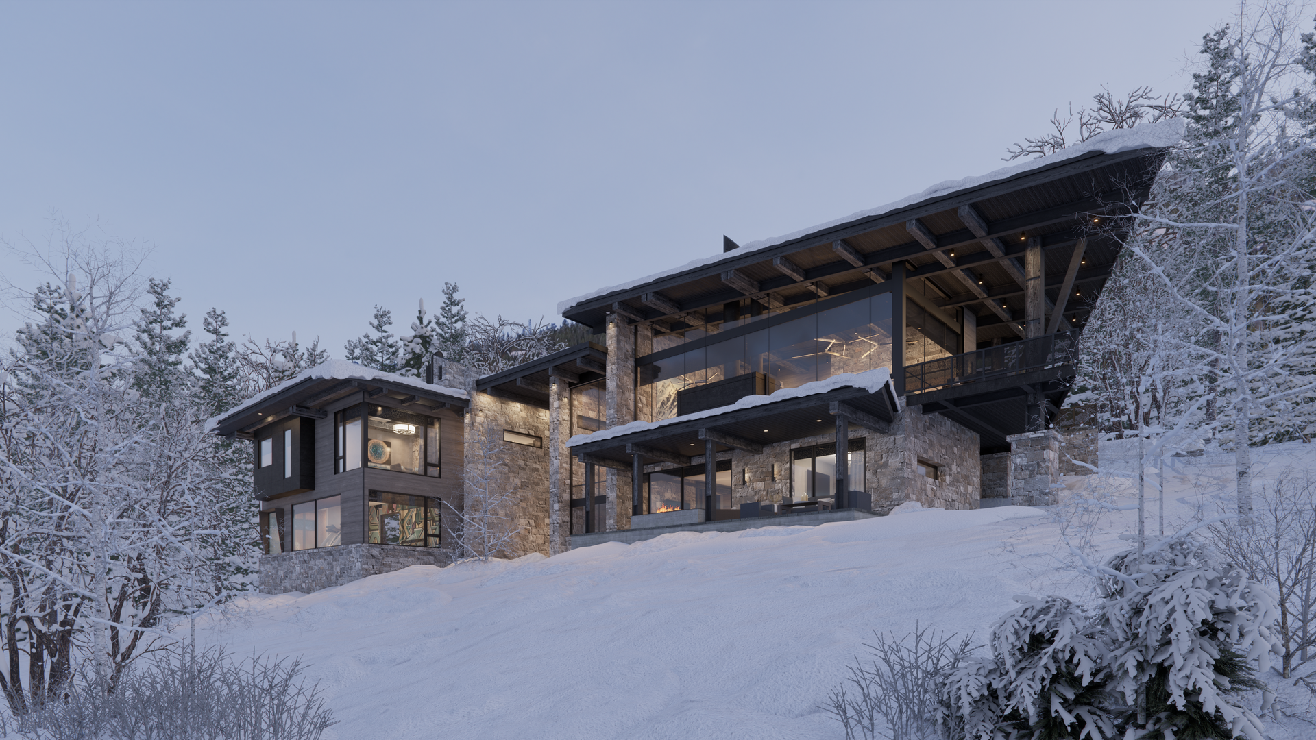A large house is sitting on top of a snow covered hill.