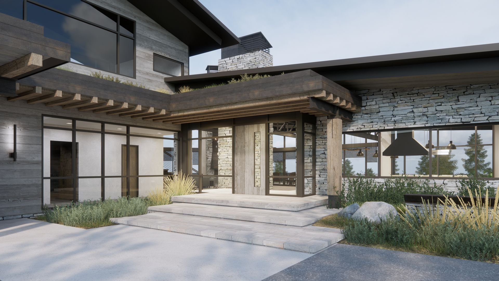 A 3d rendering of a modern house with a large entrance.