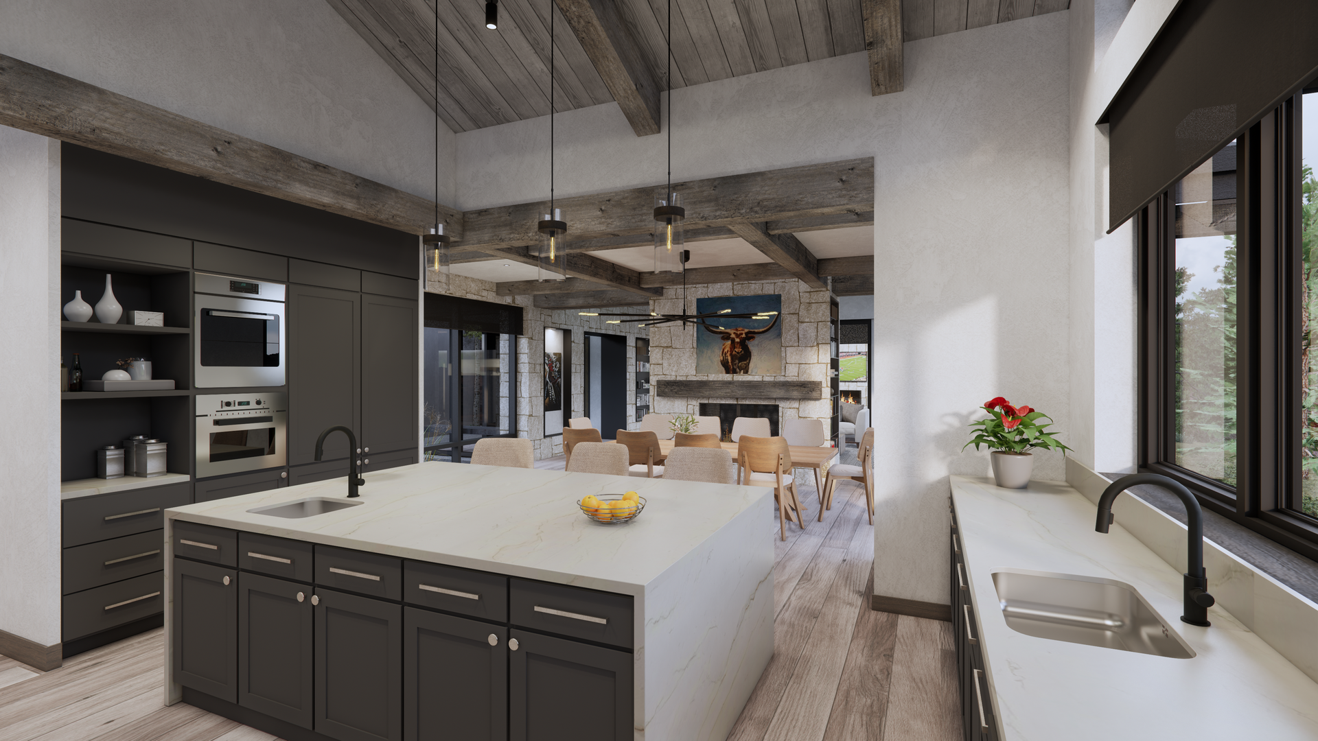 An artist 's impression of a kitchen with a large island in the middle.