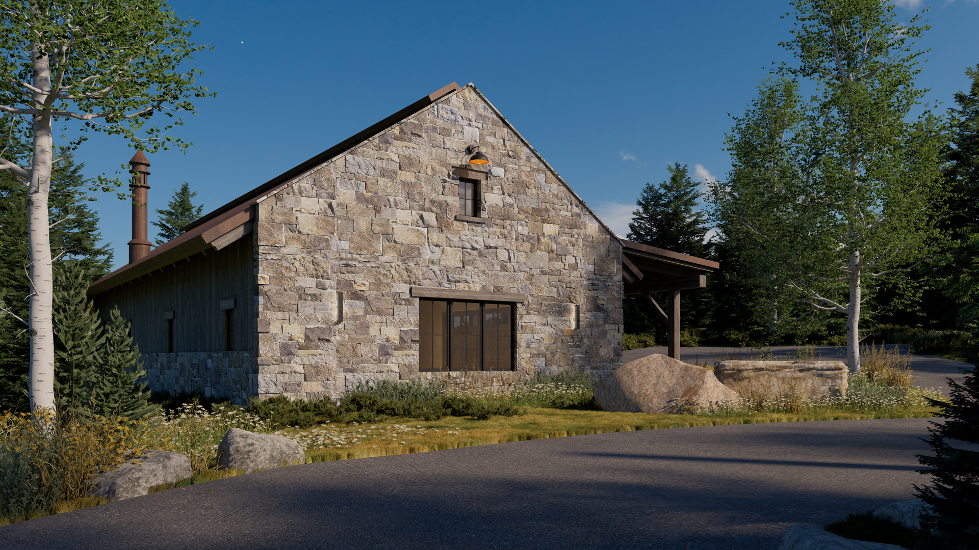 A stone house is sitting on the side of a road in the middle of a forest.