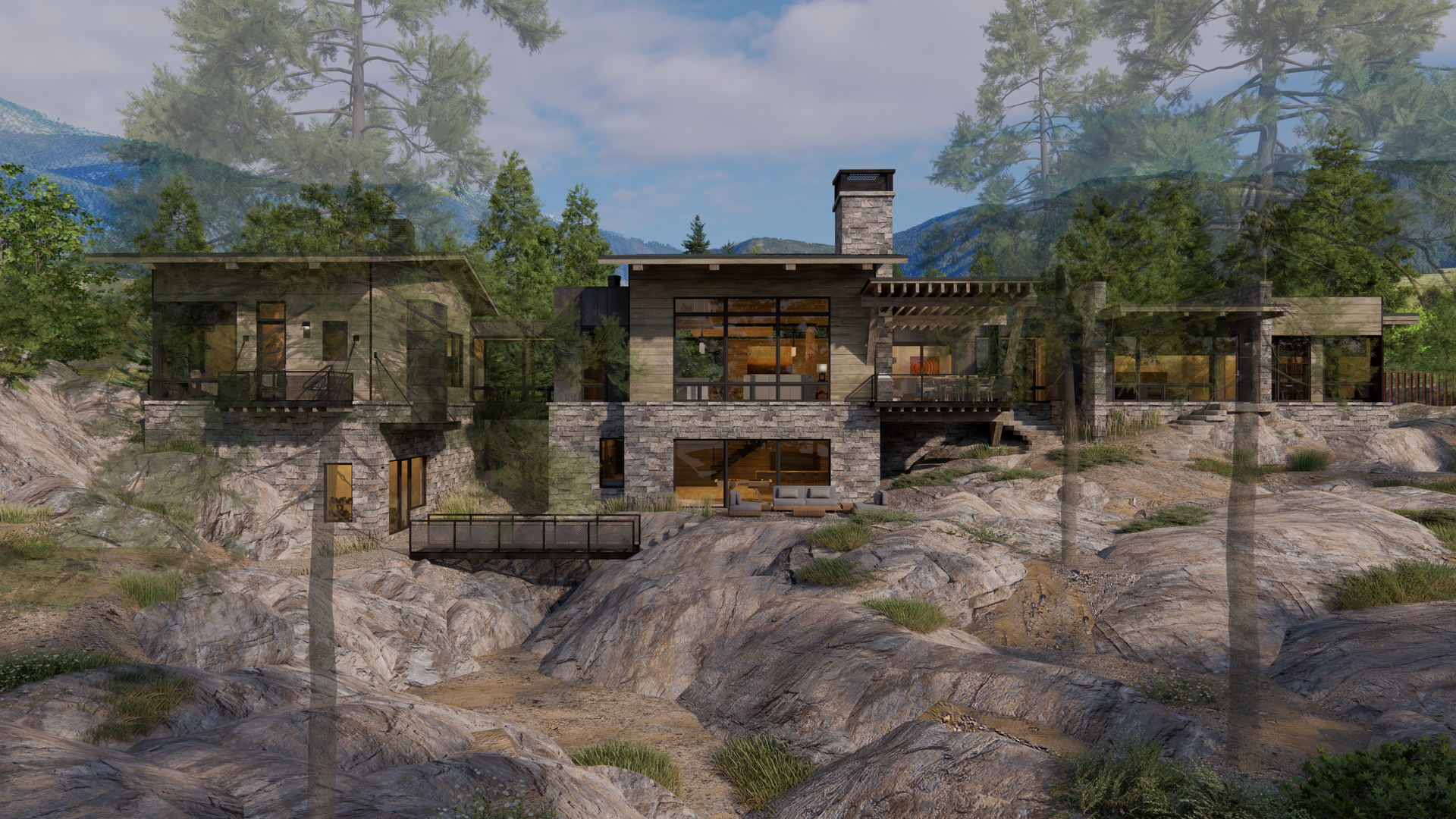 An aerial view of a large house on top of a rocky hill surrounded by trees.