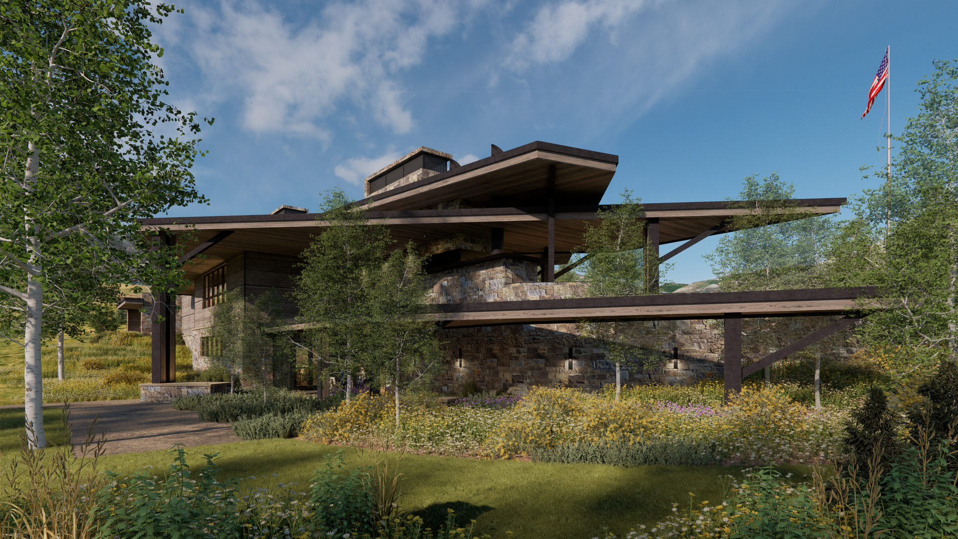 An artist 's impression of a house in the middle of a field surrounded by trees.