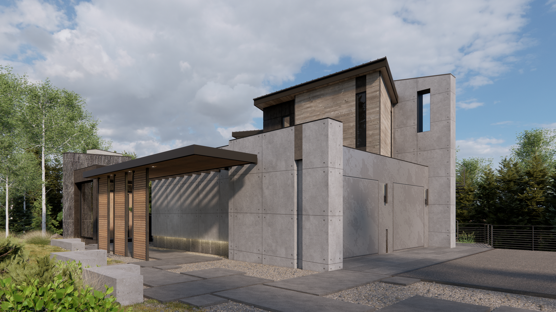 An artist 's impression of a modern concrete and wooden house.