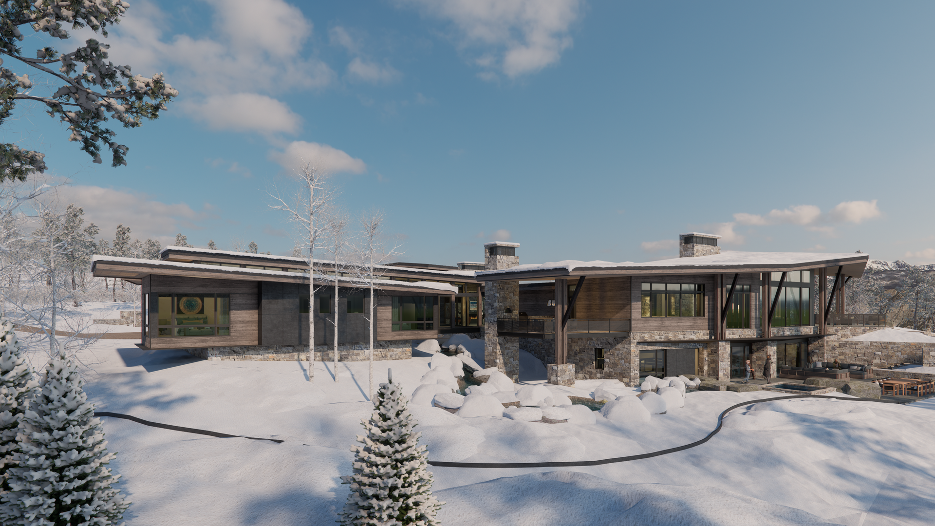 A large house is sitting in the middle of a snow covered field.