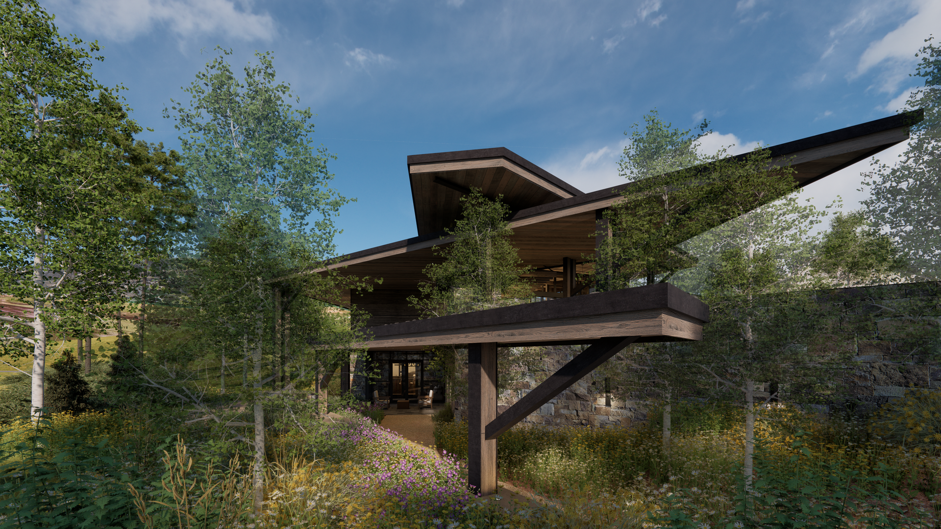 An artist 's impression of a house in the middle of a forest.