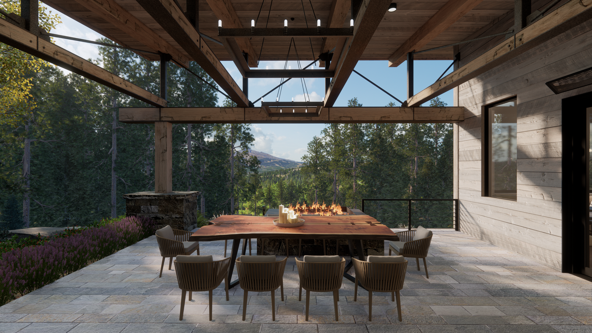 A dining room with a table and chairs and a fire pit.
