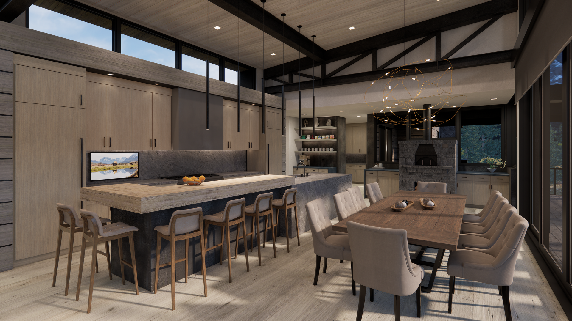 An artist 's impression of a kitchen and dining room in a house.