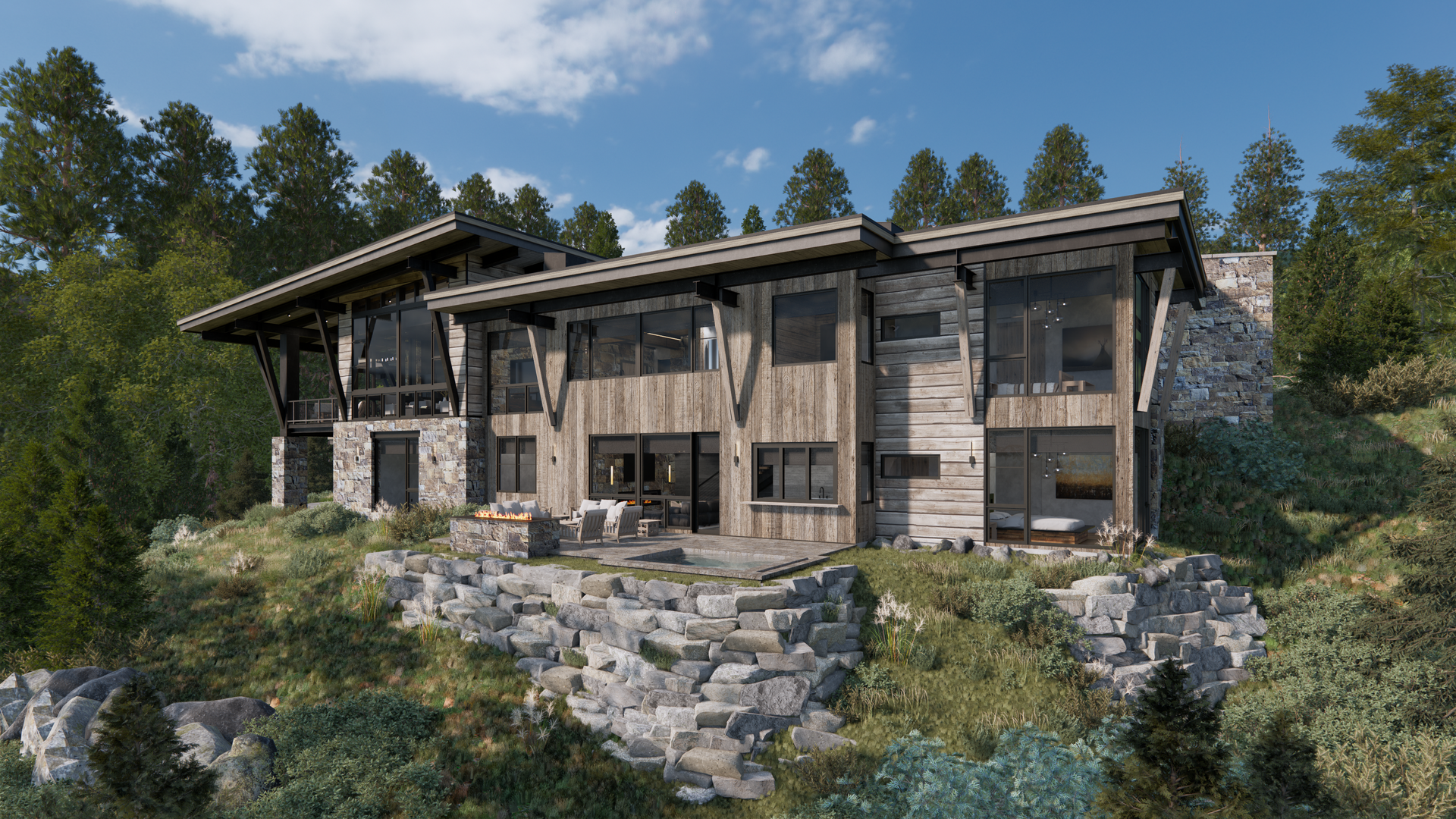 A large wooden house is sitting on top of a hill surrounded by trees.