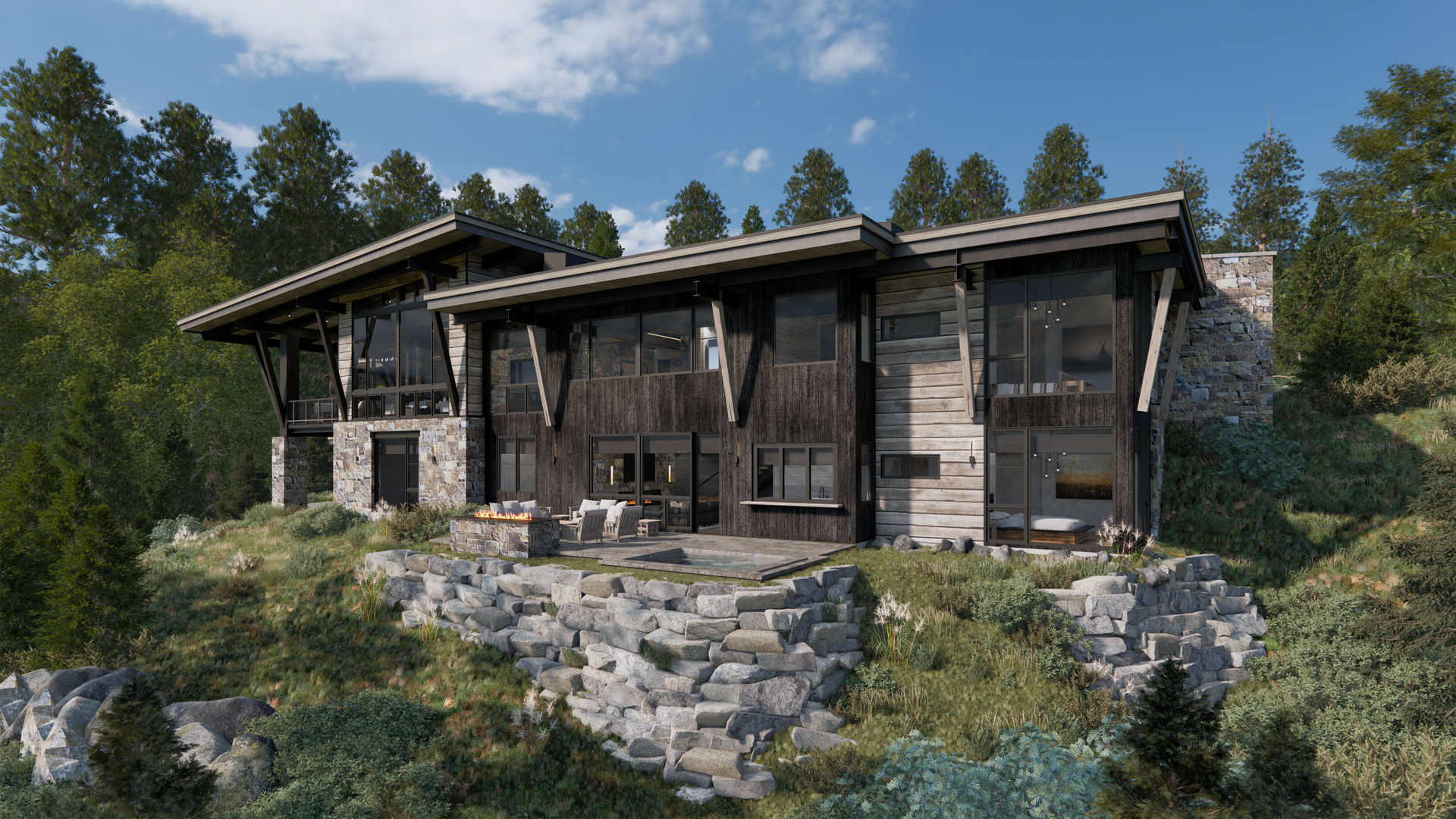 A large house is sitting on top of a hill surrounded by trees.