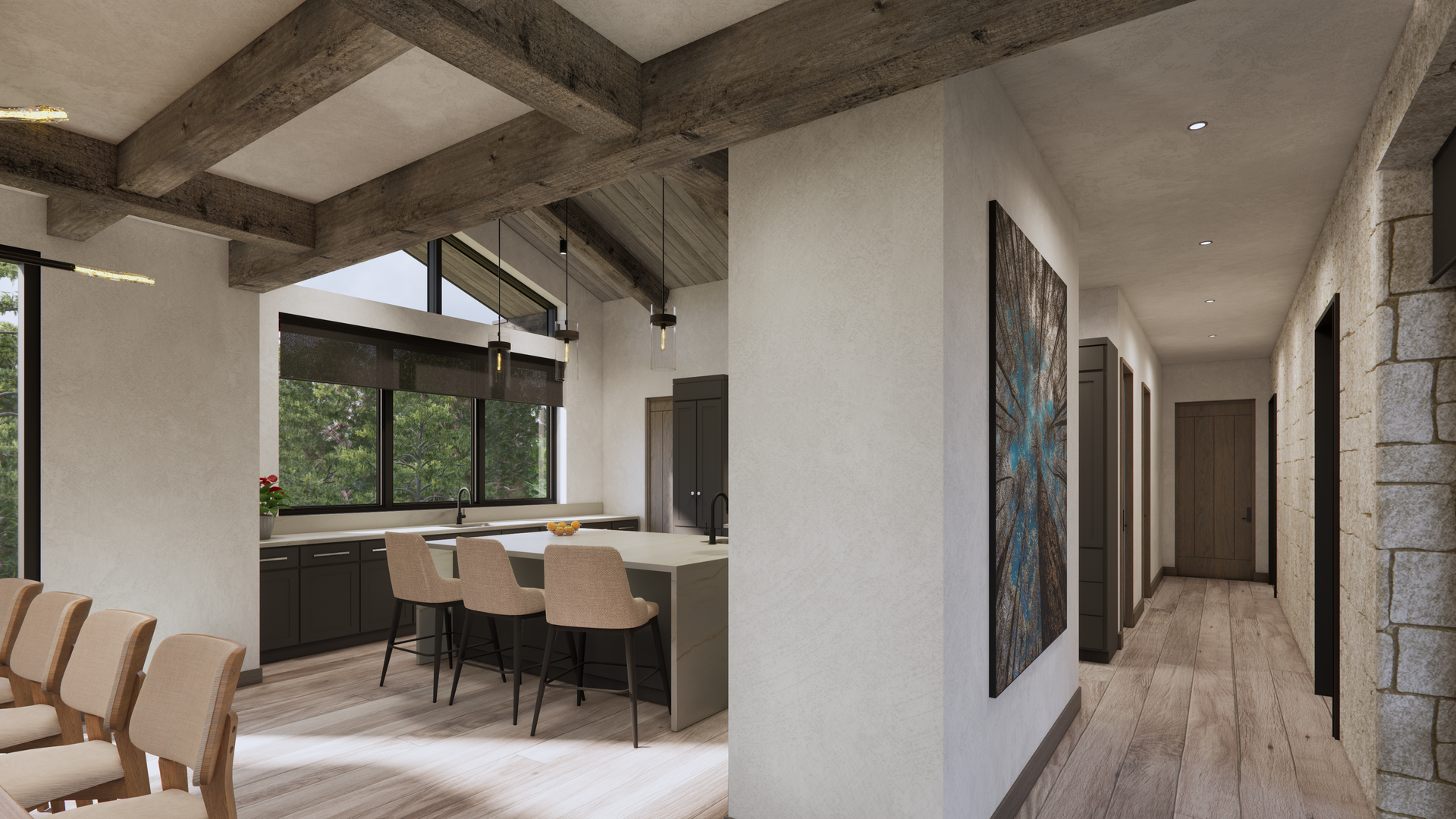 An artist 's impression of a kitchen and dining room in a house.