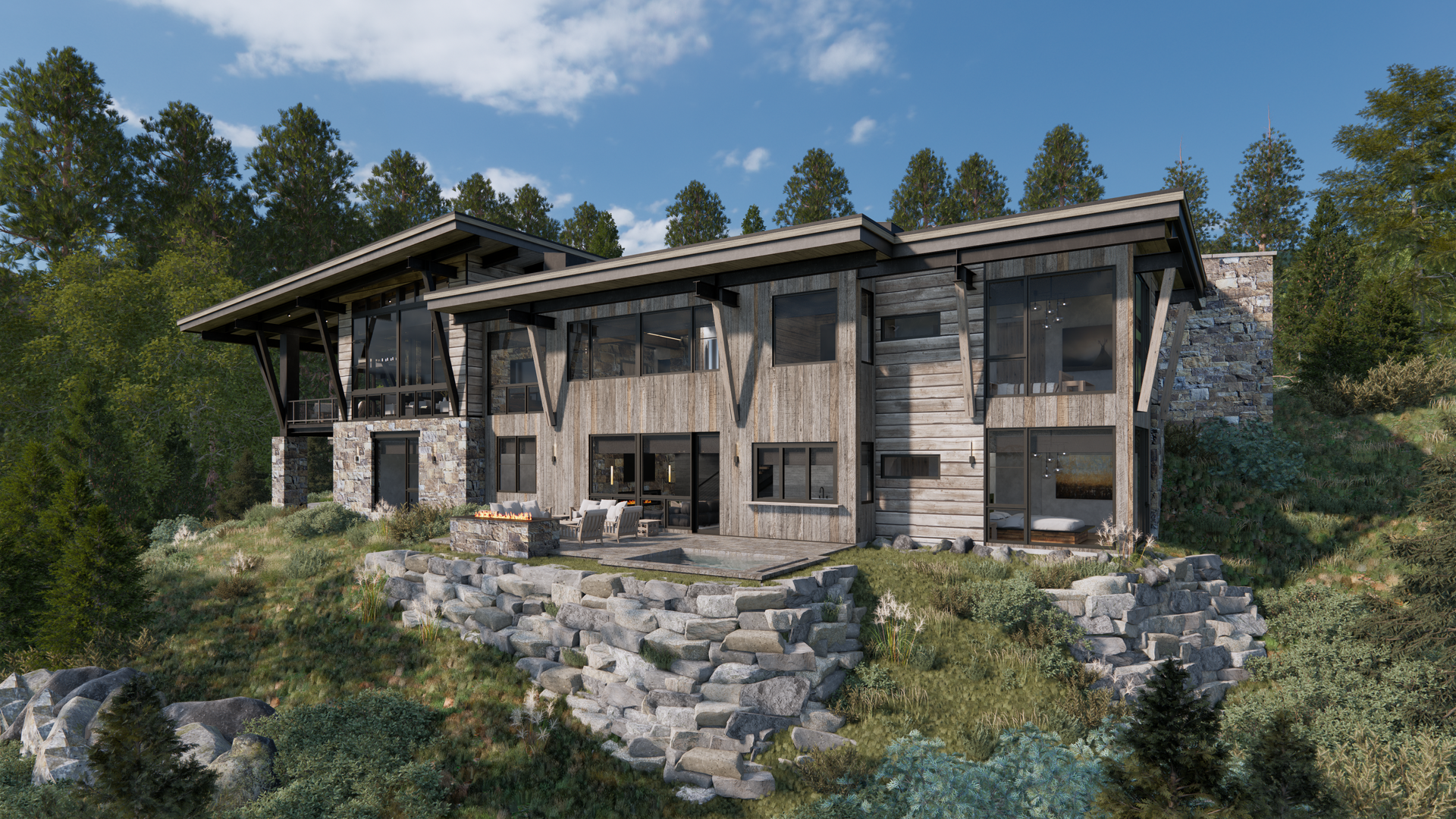 A large house is sitting on top of a hill surrounded by trees.