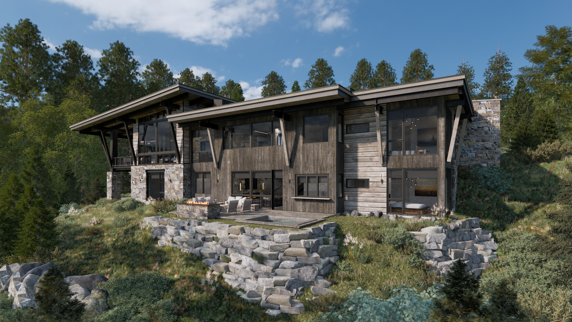 A large house is sitting on top of a hill surrounded by trees.