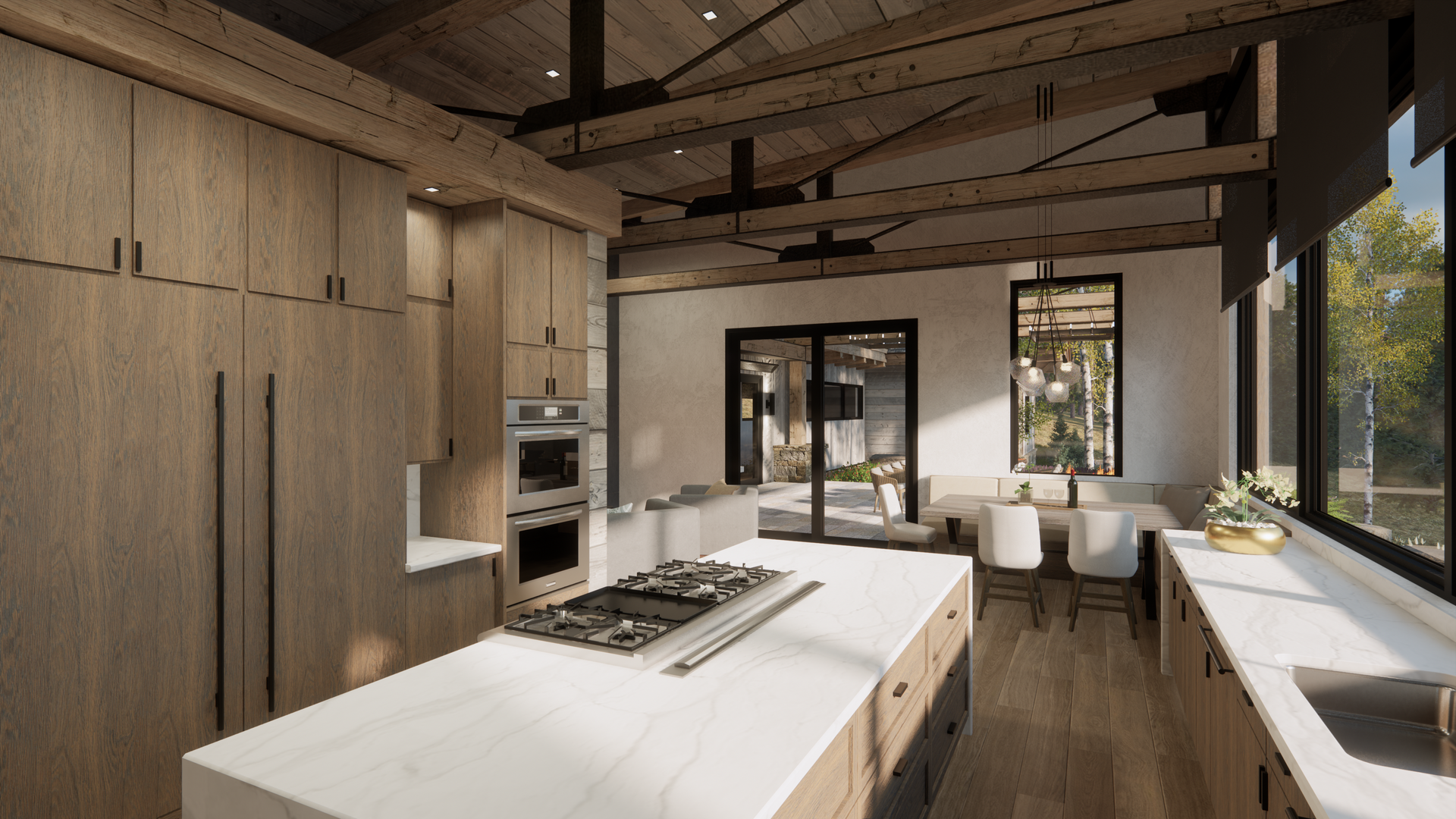 An artist 's impression of a kitchen with a large island in the middle.