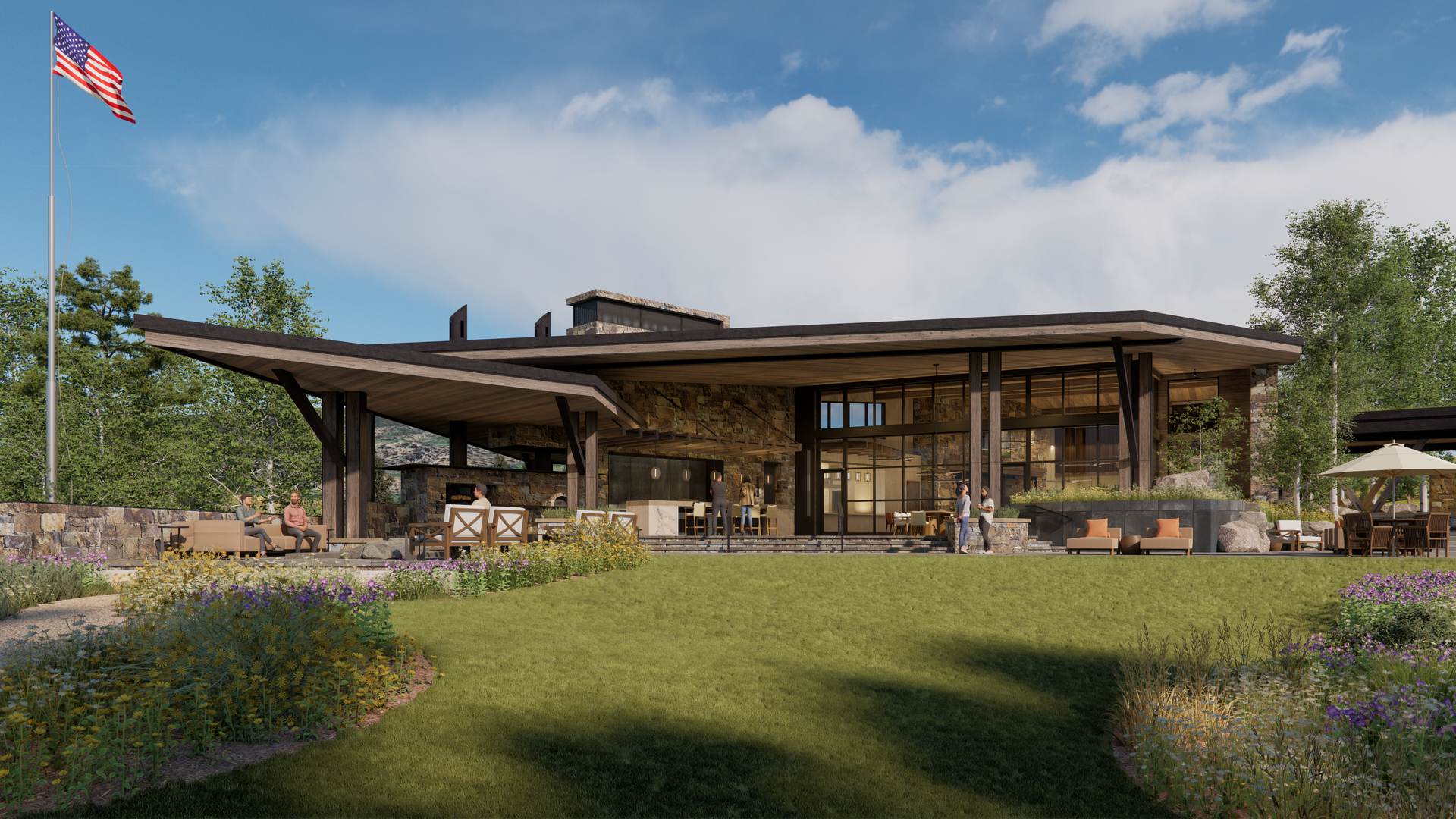 An artist 's impression of a large house with a large lawn in front of it.