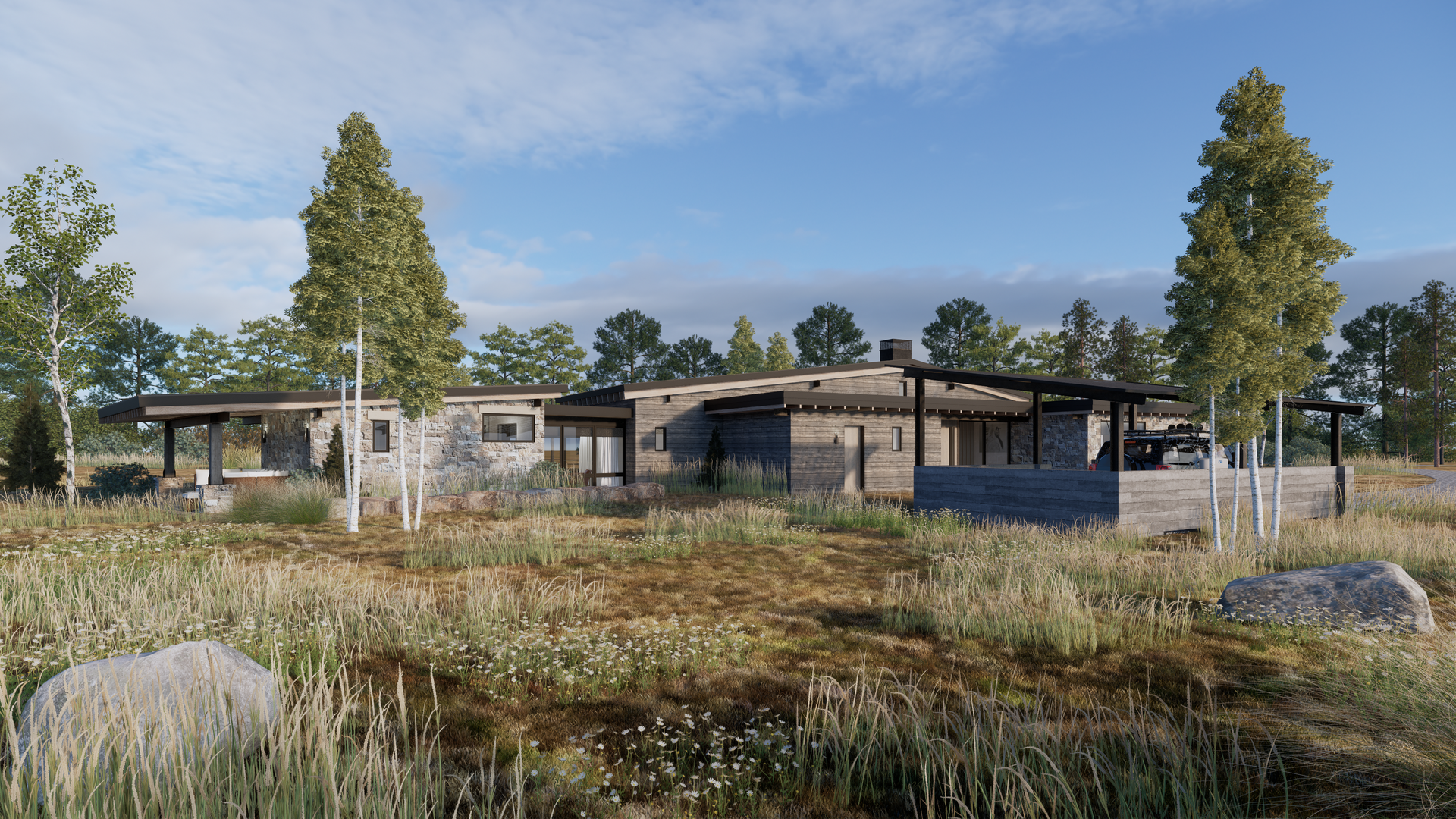 A house is sitting in the middle of a field surrounded by trees.