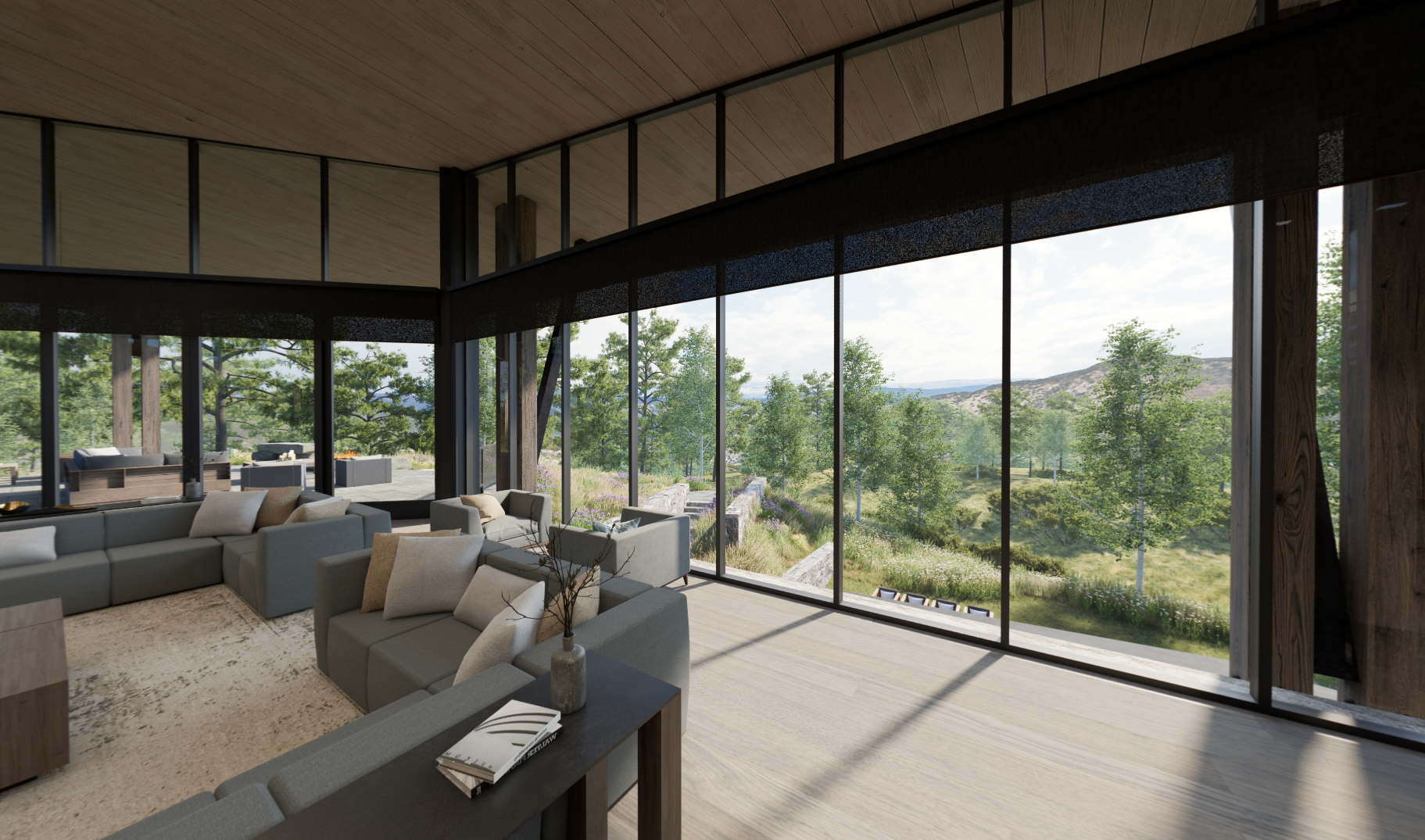 A living room with a lot of windows and furniture.