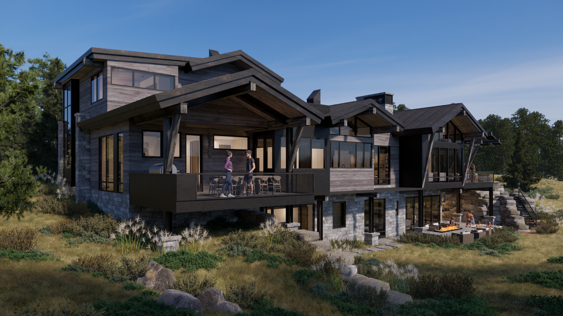 A large house is sitting on top of a hill in the middle of a field.