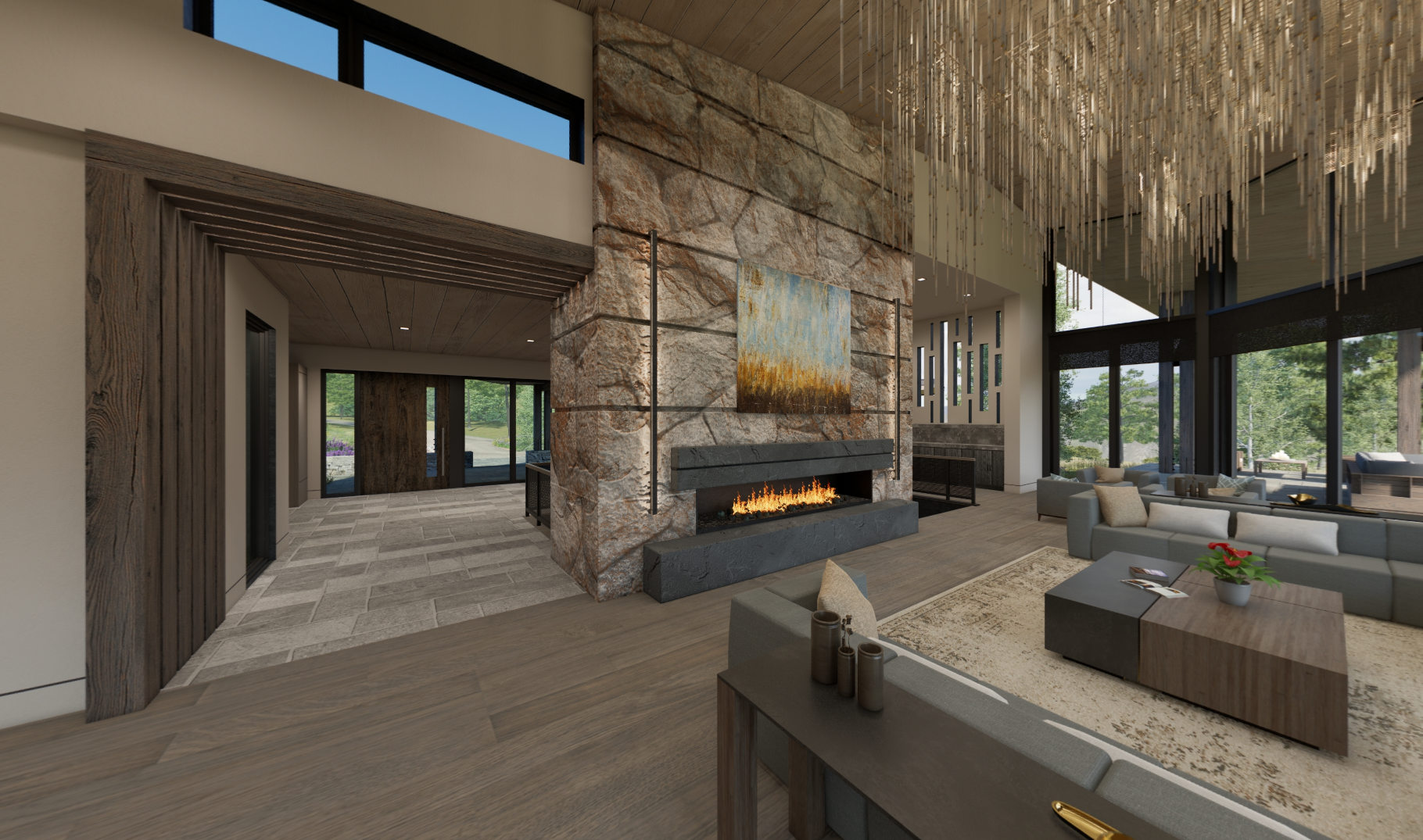 An artist 's impression of a living room with a fireplace and a chandelier.