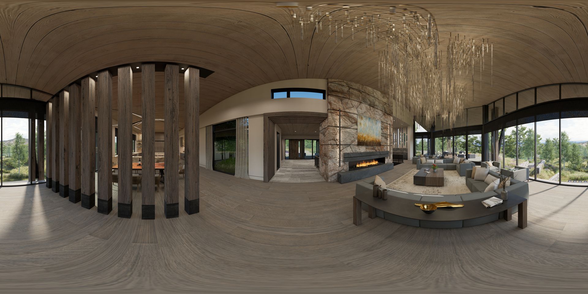 A 360 degree view of a living room with a chandelier hanging from the ceiling.