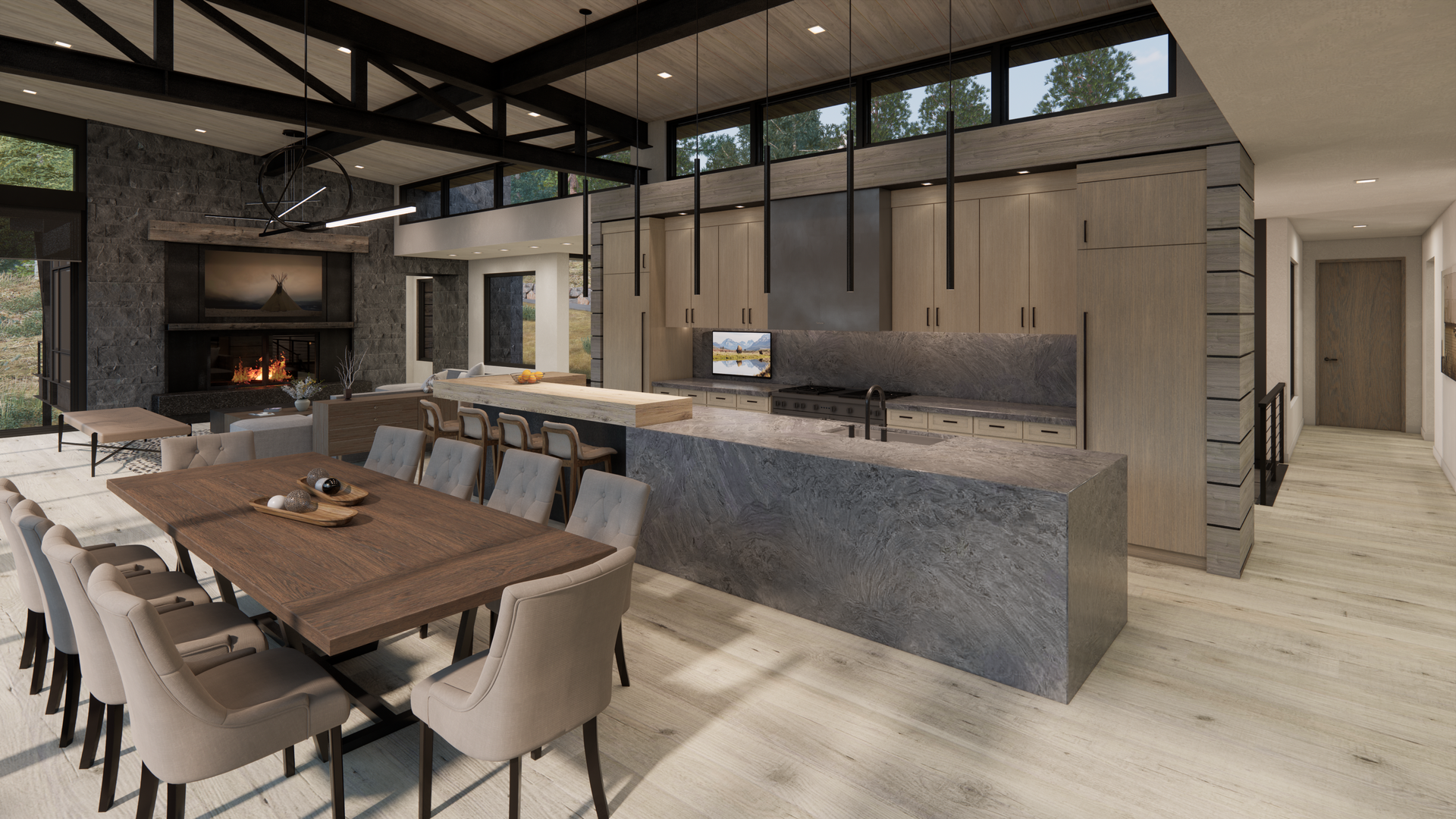 An artist 's impression of a dining room and kitchen in a house.