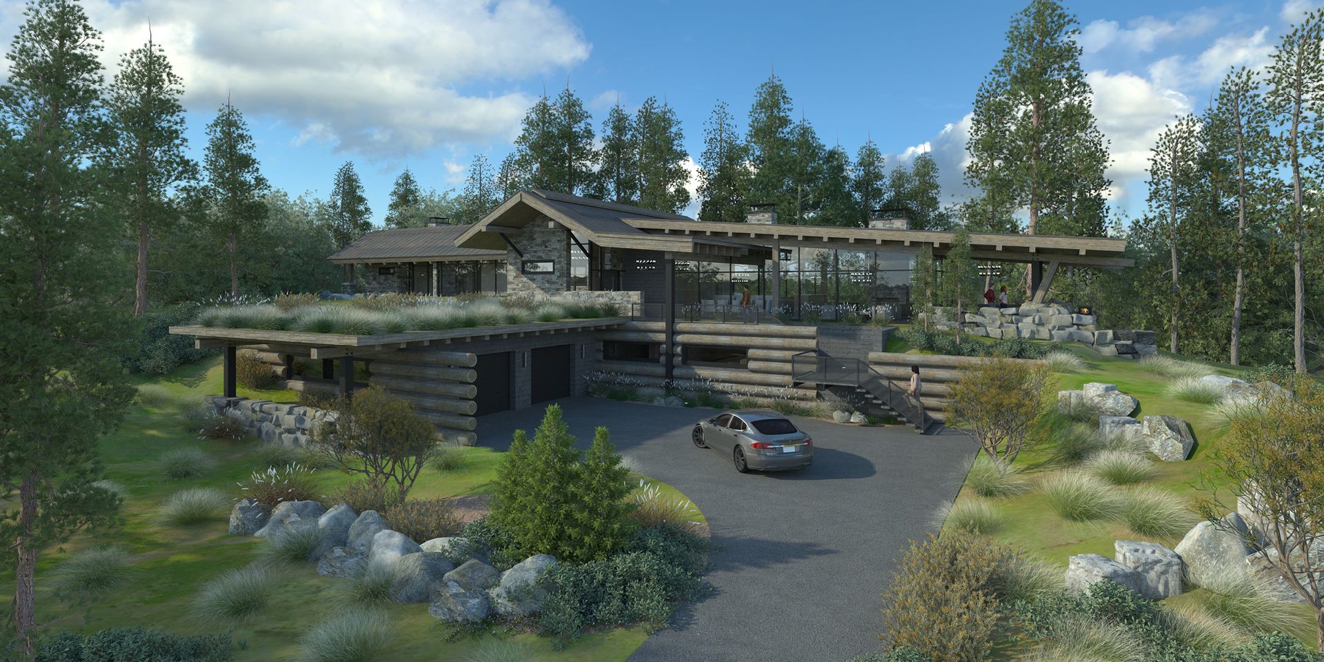 A car is parked in front of a large house surrounded by trees.