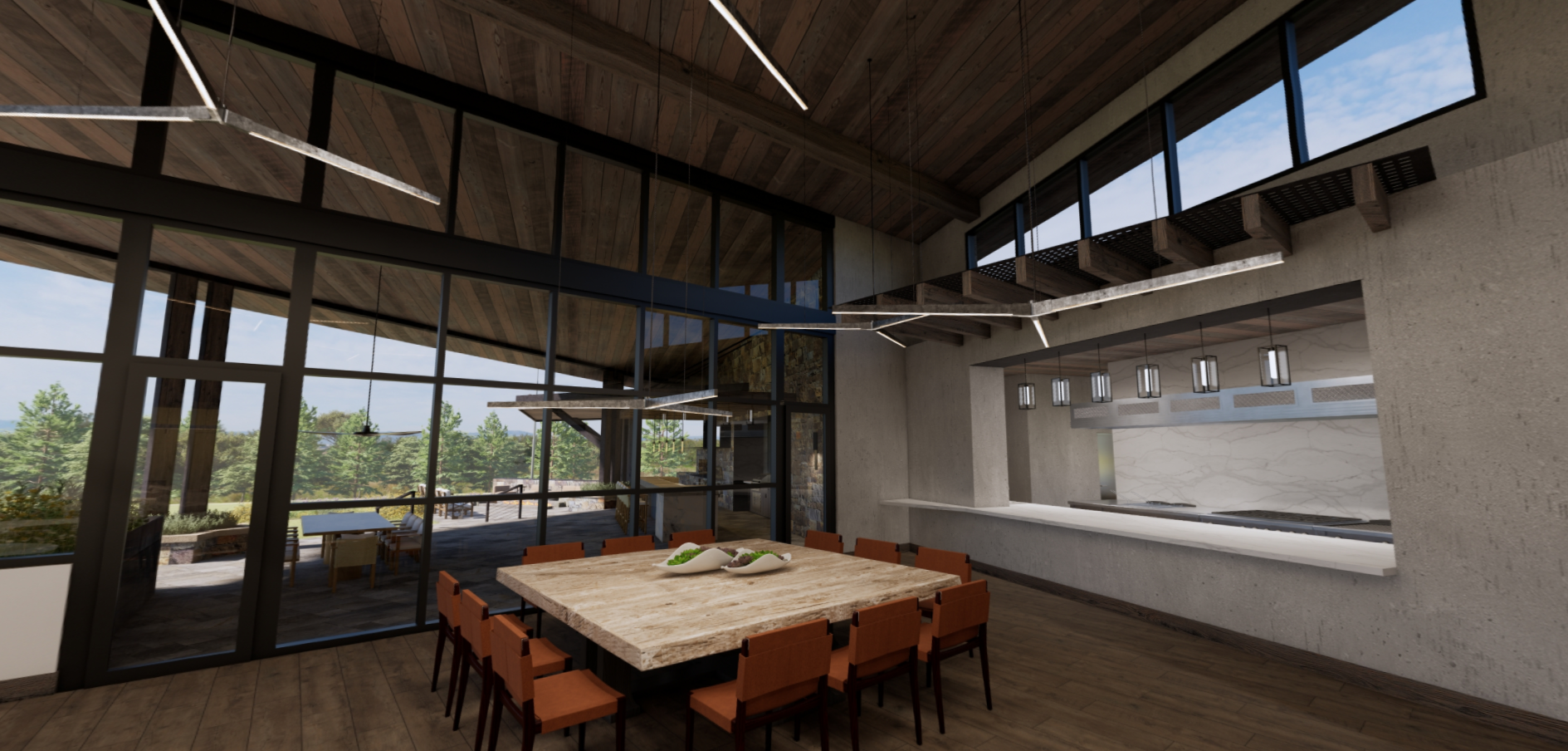 An artist 's impression of a dining room with a large table and chairs.