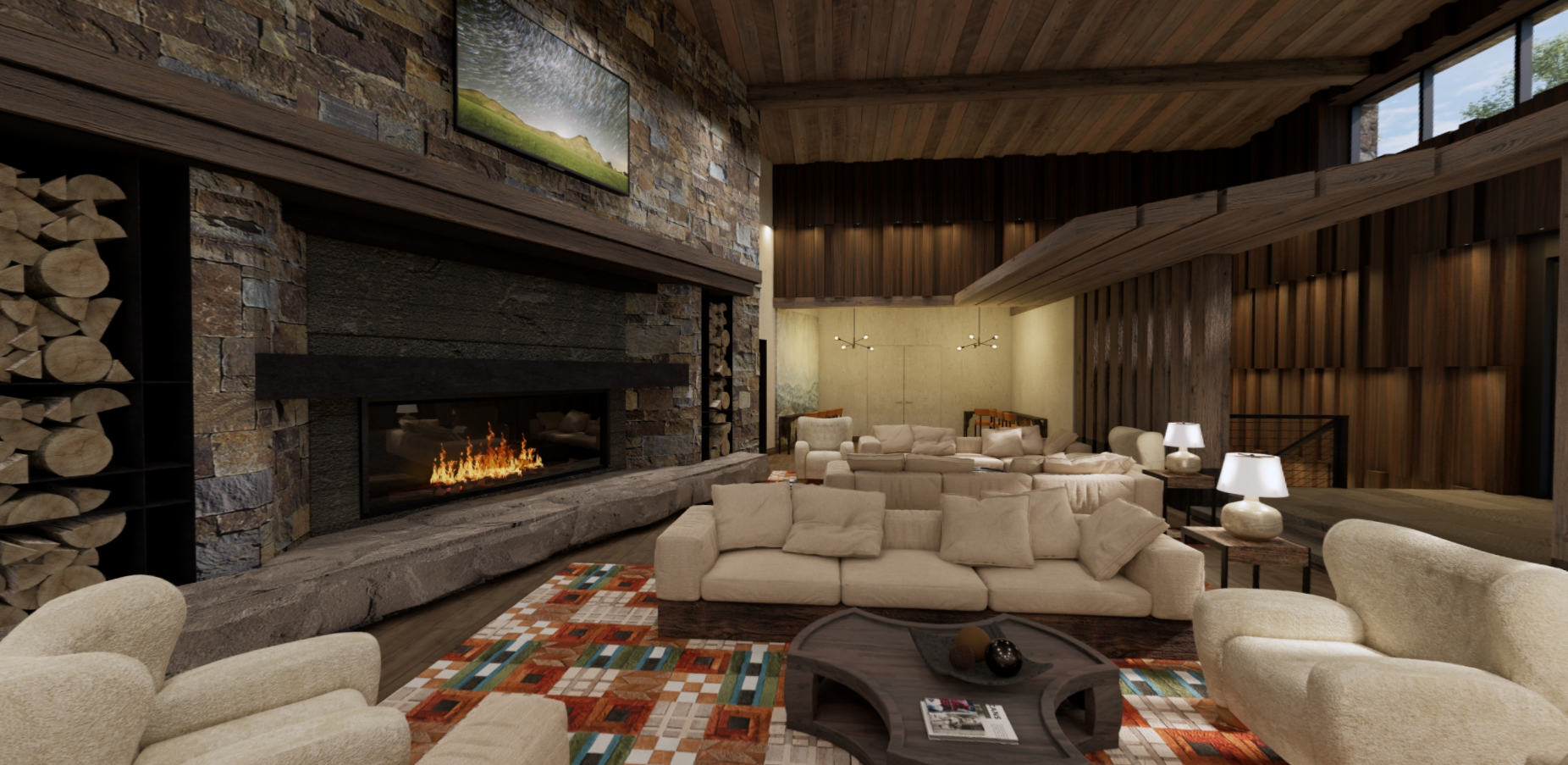 A living room filled with furniture and a fireplace.