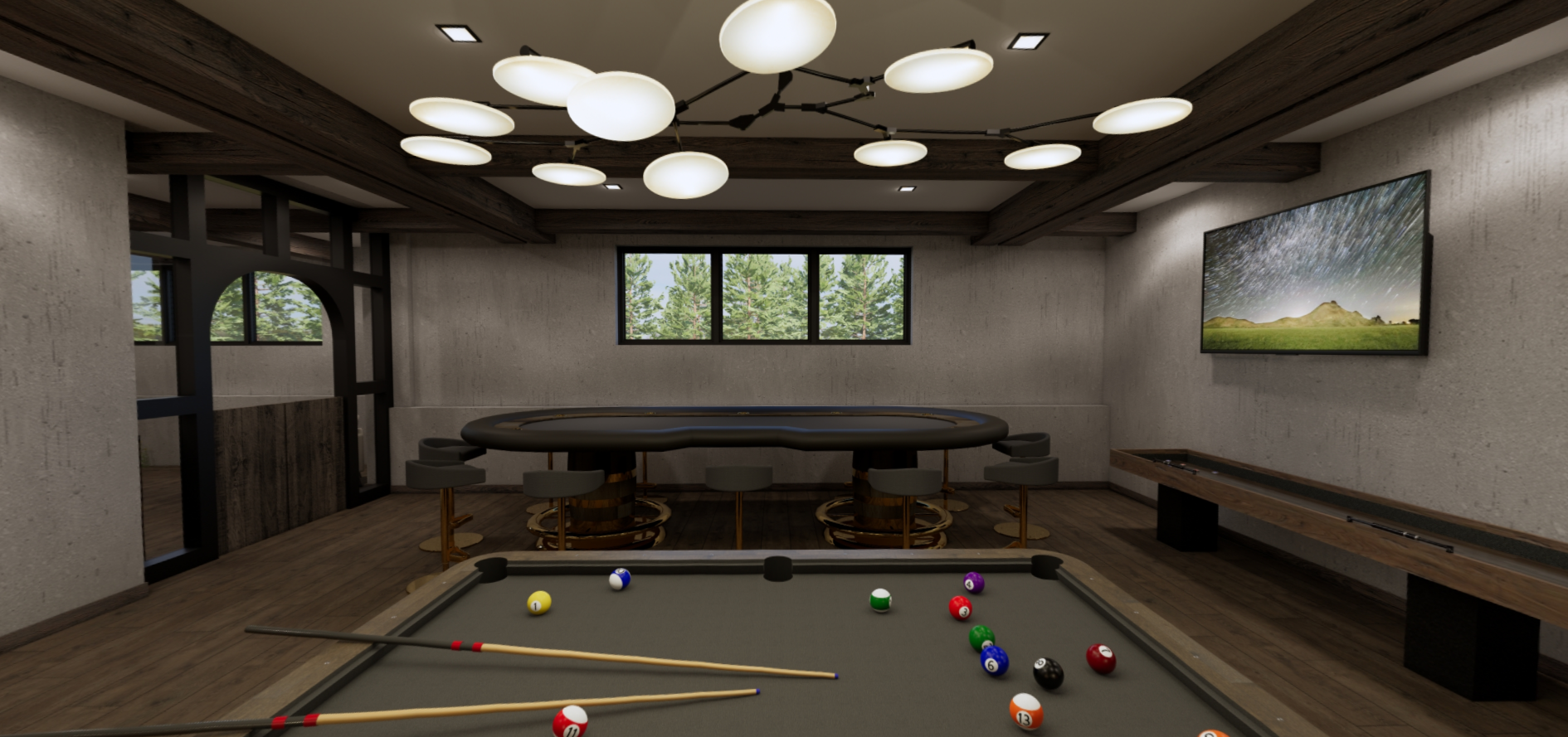 There is a pool table in the middle of the room.