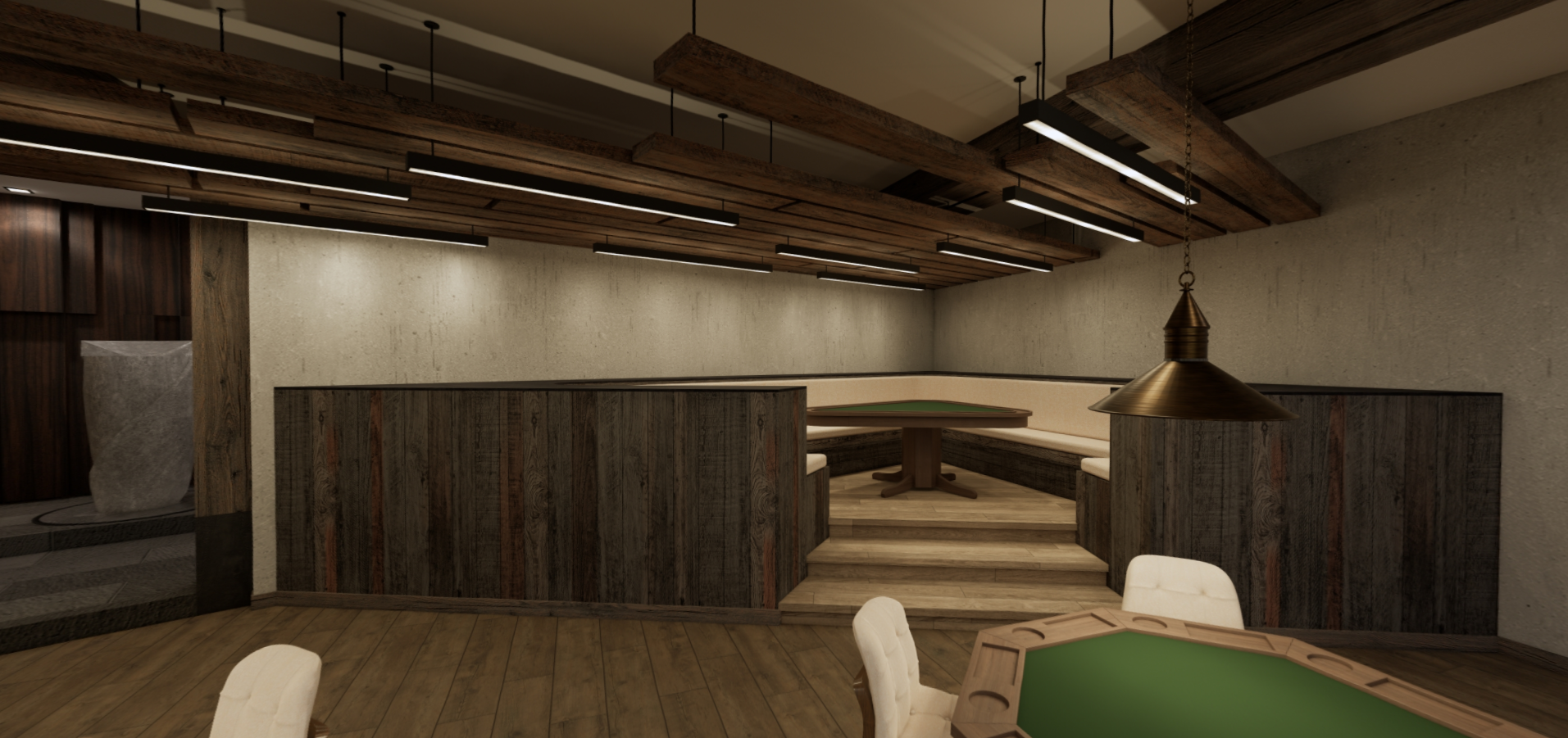 A room with a table and chairs and a green table cloth.