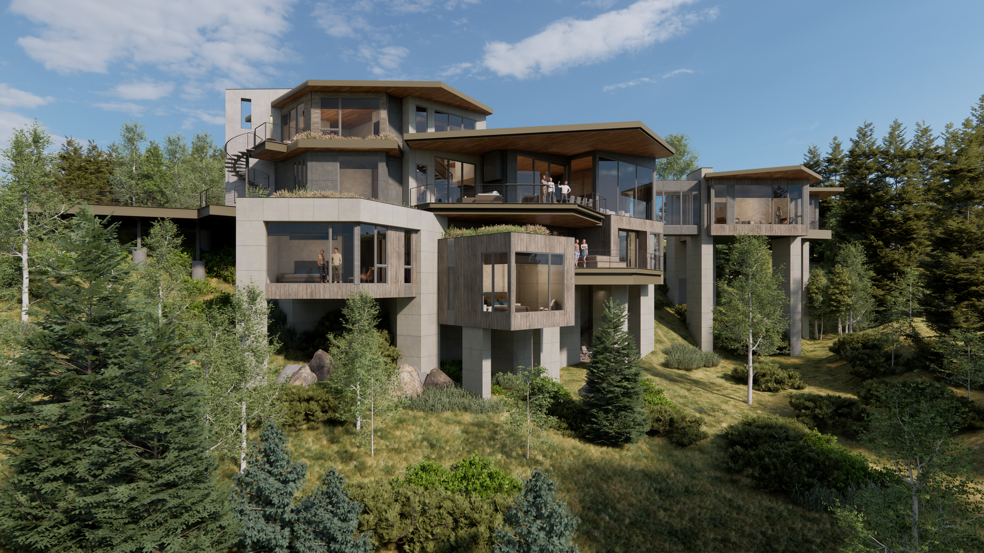 An artist 's impression of a modern house on a hill surrounded by trees.