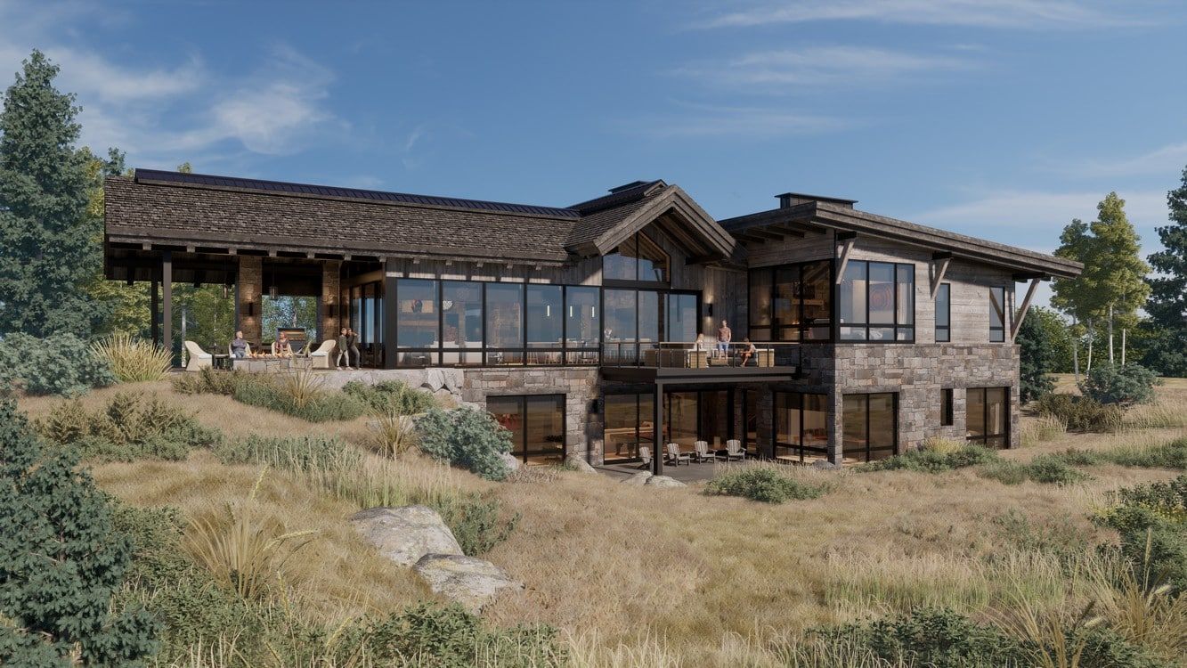 A large house is sitting on top of a hill in the middle of a field.