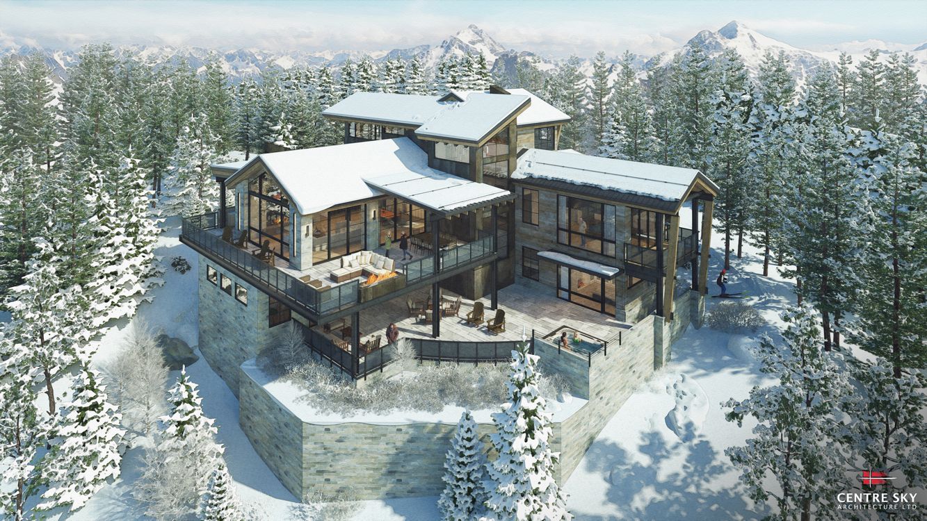 An aerial view of a large house surrounded by snow covered trees.