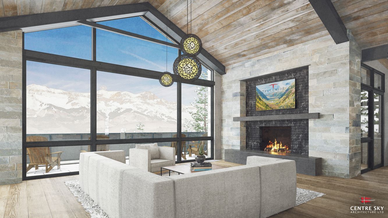 An artist 's impression of a living room with a fireplace and a couch.