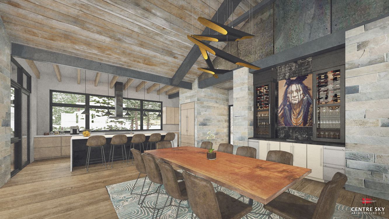 An artist 's impression of a dining room with a long wooden table and chairs.