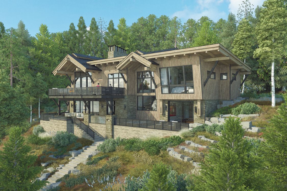 A large house is sitting on top of a hill surrounded by trees.