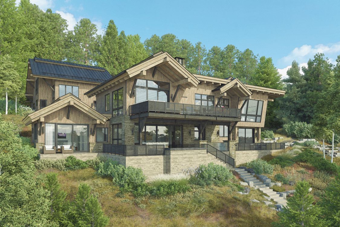 A large house is sitting on top of a hill surrounded by trees.