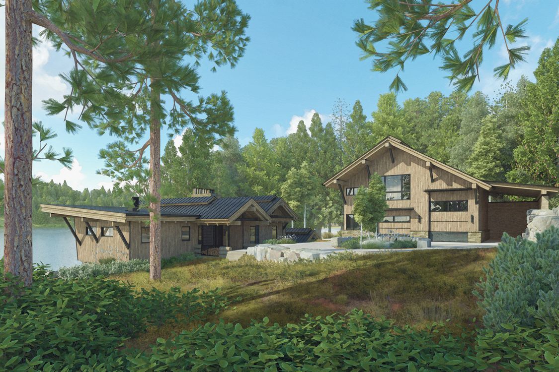 A wooden house is surrounded by trees and a lake.