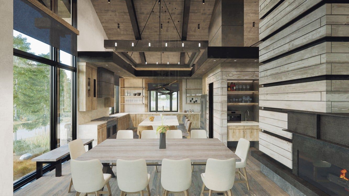A dining room with a table and chairs and a fireplace.