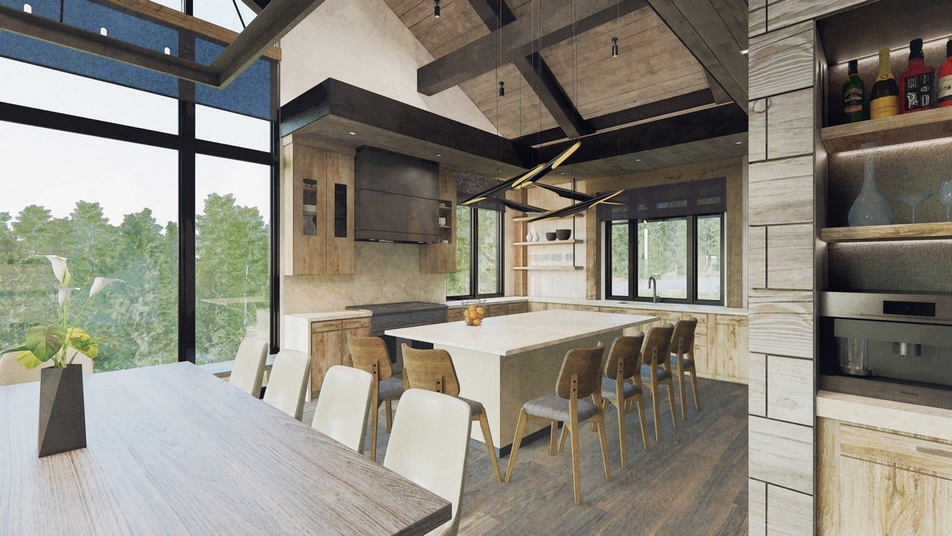 A rendering of a kitchen and dining room in a house.