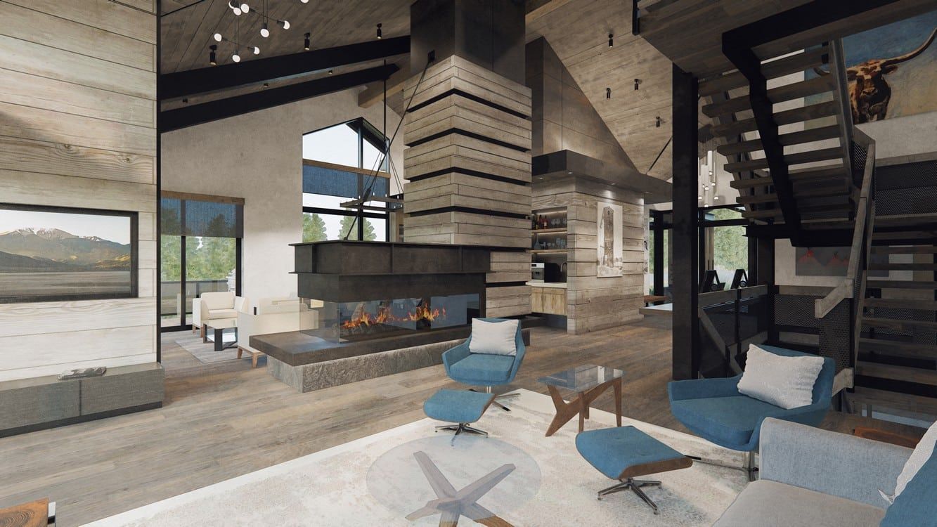 A living room filled with furniture and a fireplace.