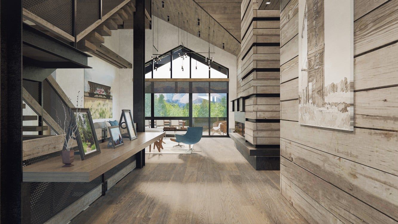 An artist 's impression of a living room in a log cabin.