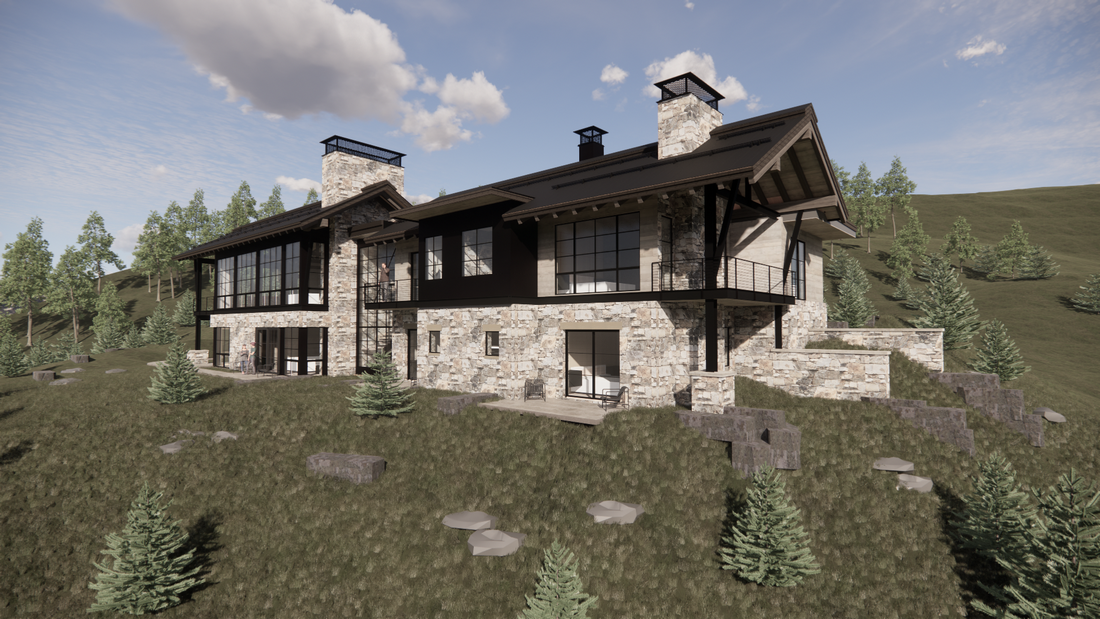 A large house is sitting on top of a grassy hill surrounded by trees.