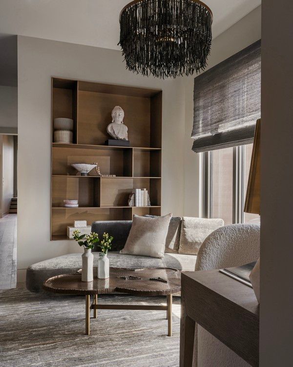 A living room with a couch and a coffee table