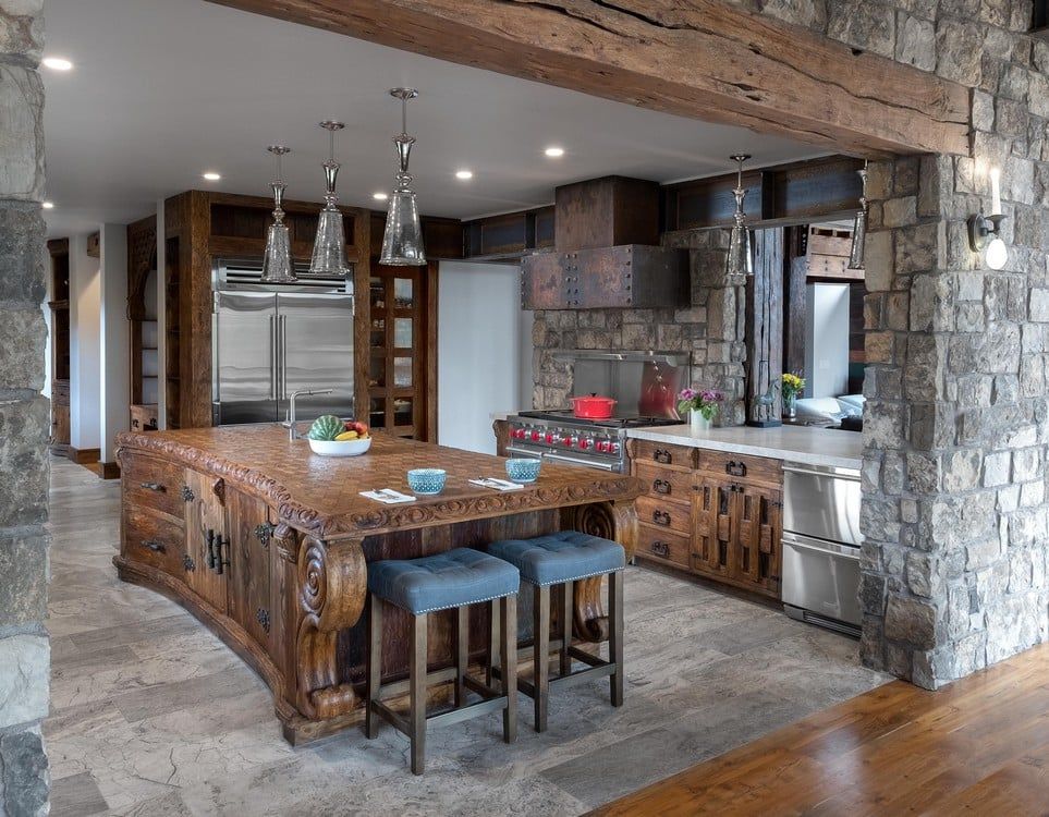 A kitchen with a large wooden island and stools