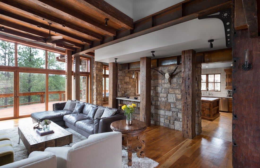 A living room with a couch and a table in it